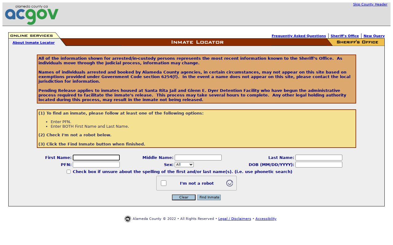 Alameda County people search Sheriff inmate locator