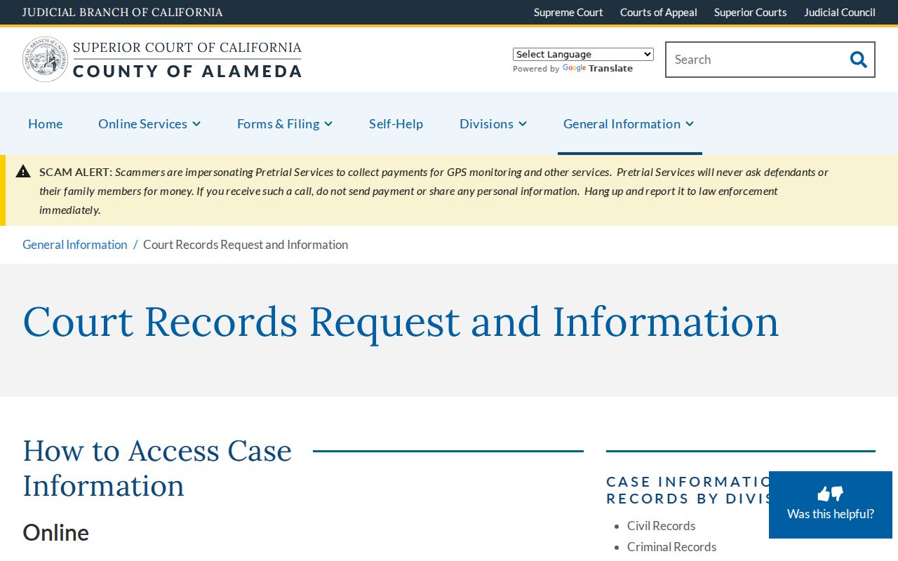 Alameda County people search court records request page