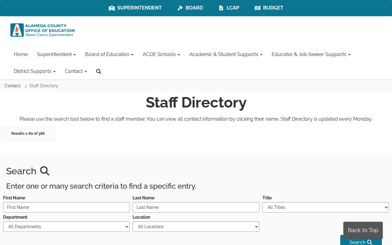 Alameda County people directories ACOE staff directory search
