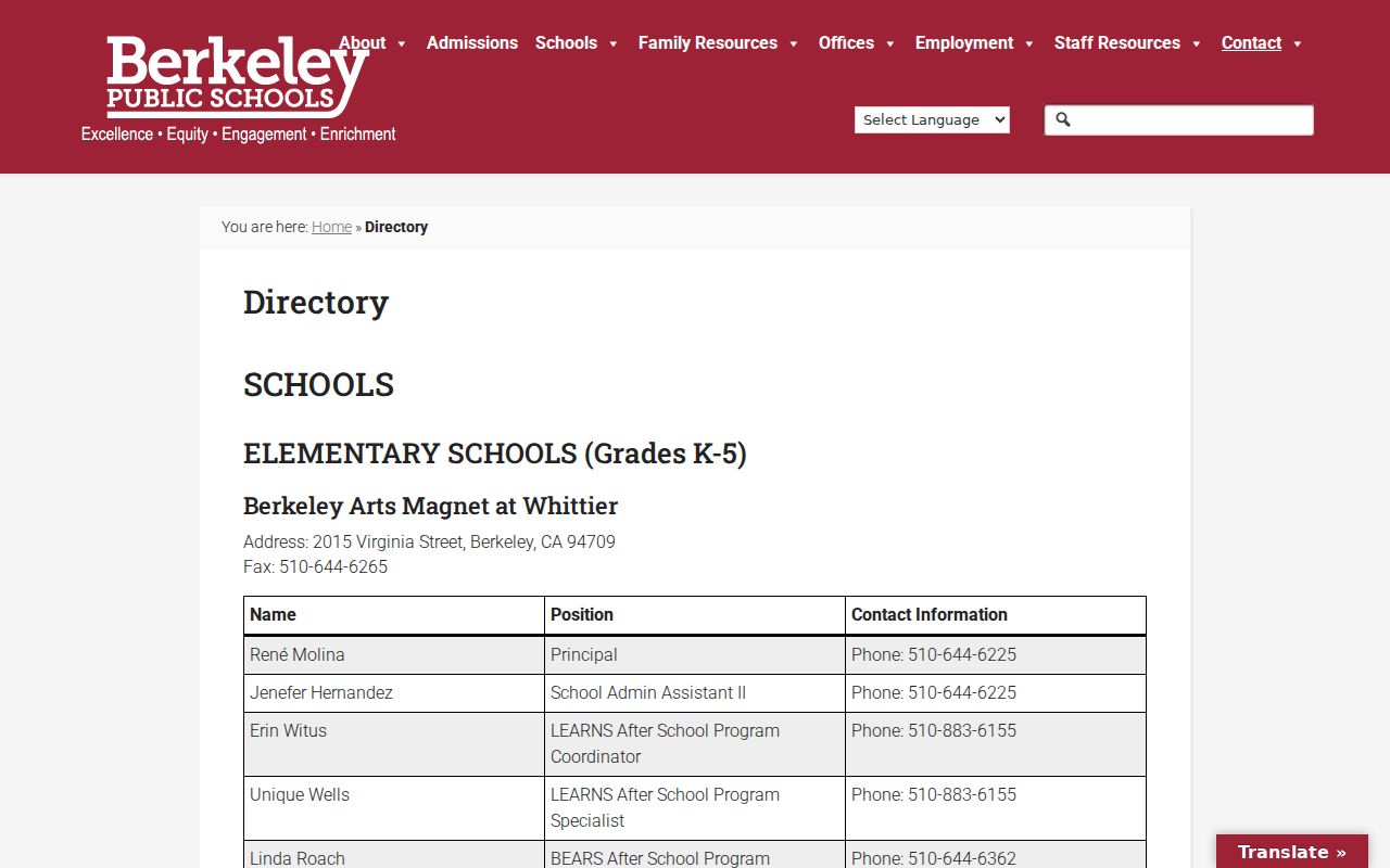Alameda County people directories Berkeley Unified school staff directory