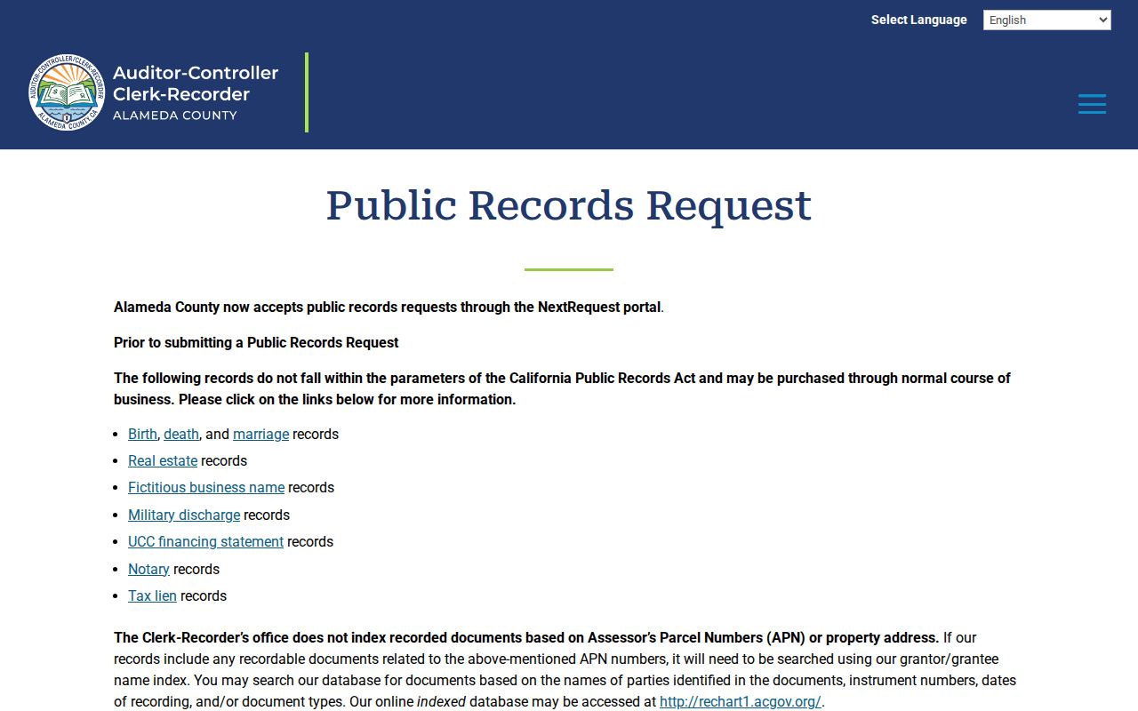 Alameda County public records Auditor-Controller request page