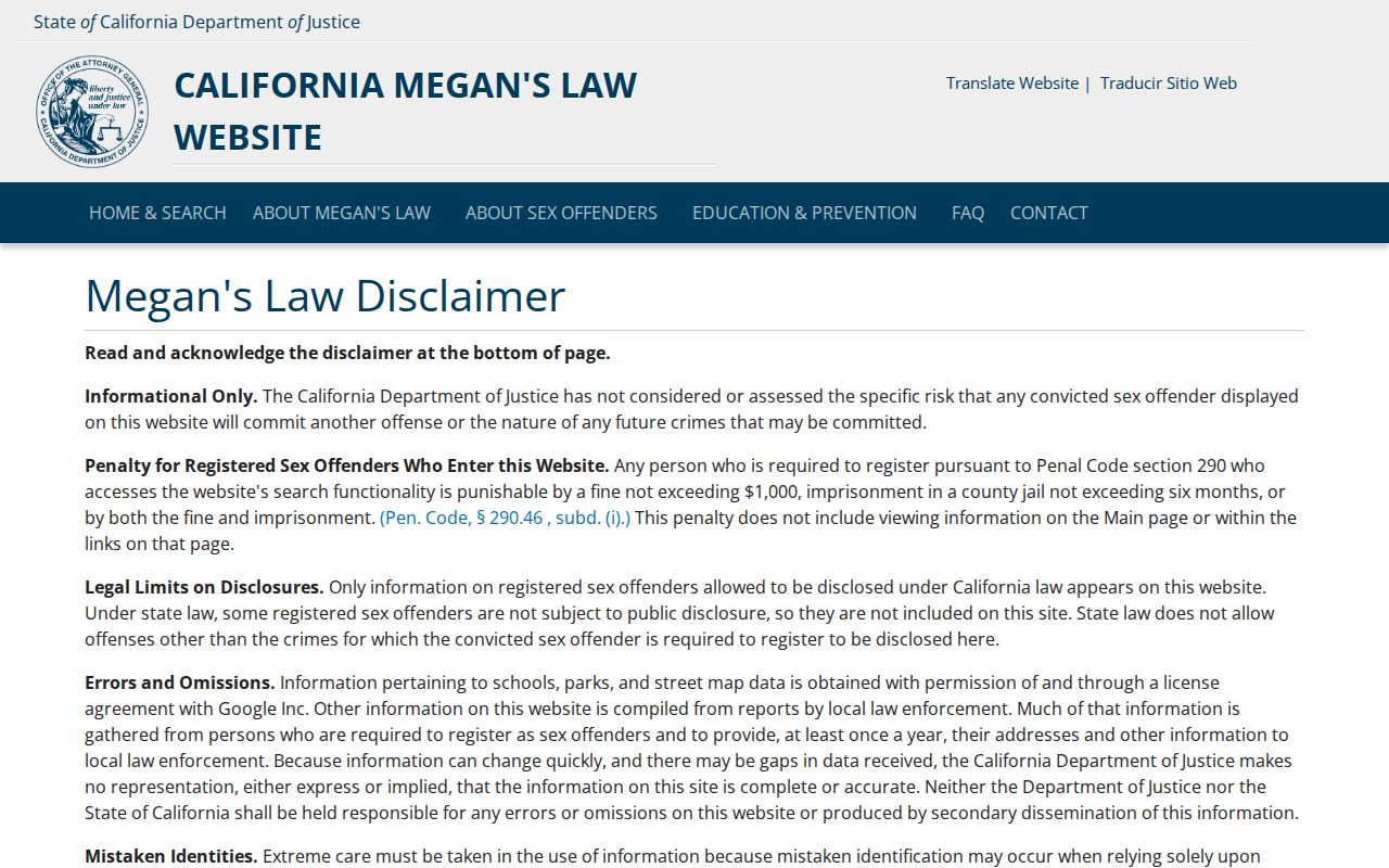 Alameda County public records California Megan's Law registry