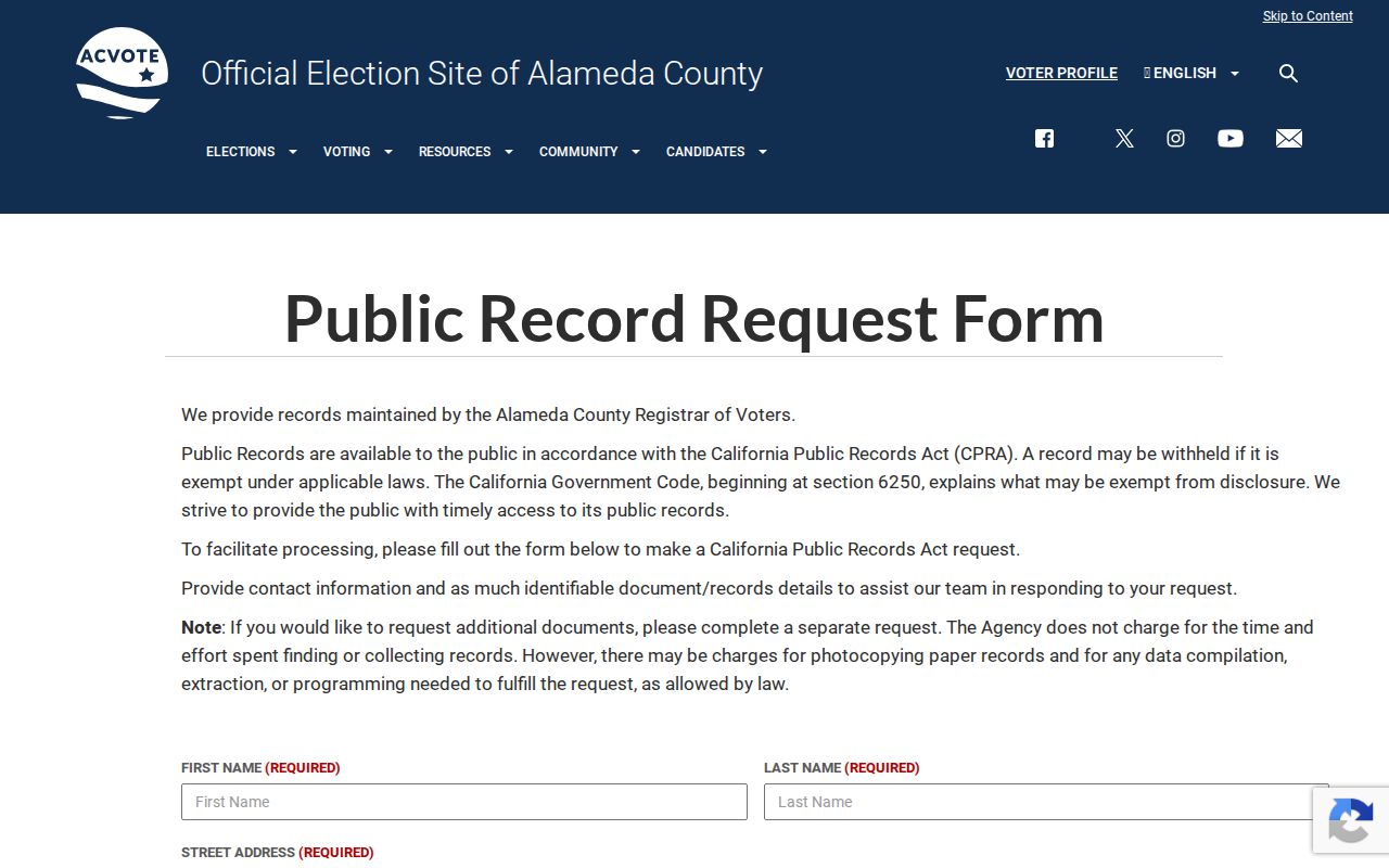 Alameda County voter registration records ROV public record request form