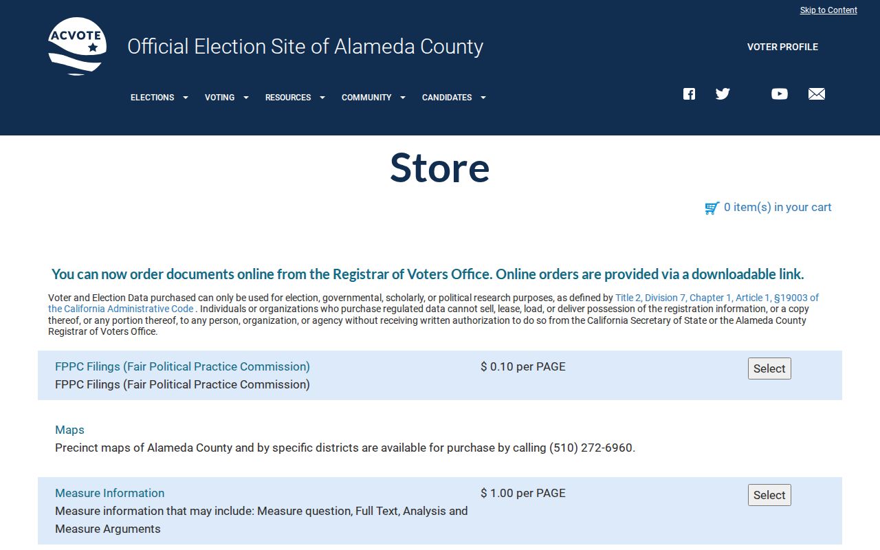 Alameda County voter registration records ROV store for voter data downloads